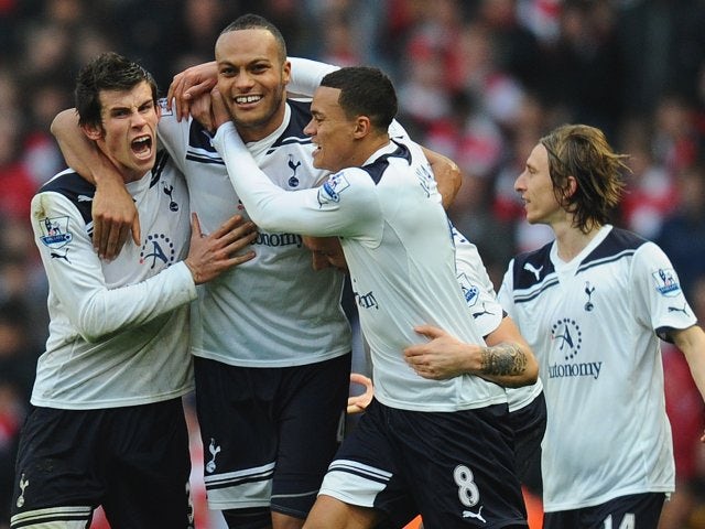 Younes Kaboul celebrates his winning goal for Tottenham Hotspur against Arsenal on November 20, 2010.