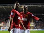 Anderson of Manchester United celebrates scoring a goal with teammate Ashley Young during the Barclays Premier League match between Reading