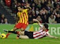 Athletic Bilbao's French defender Aymeric Laporte tackles Barcelona's defender Martin Montoya during the Spanish league football match Athletic Club Bilbao vs FC Barcelona at the San Mames stadium in Bilbao on December 1, 2013