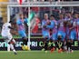 Mario Balotelli of Milan scores his team's second goal during the Serie A match between Calcio Catania and AC Milan at Stadio Angelo Massimino on December 1, 2013