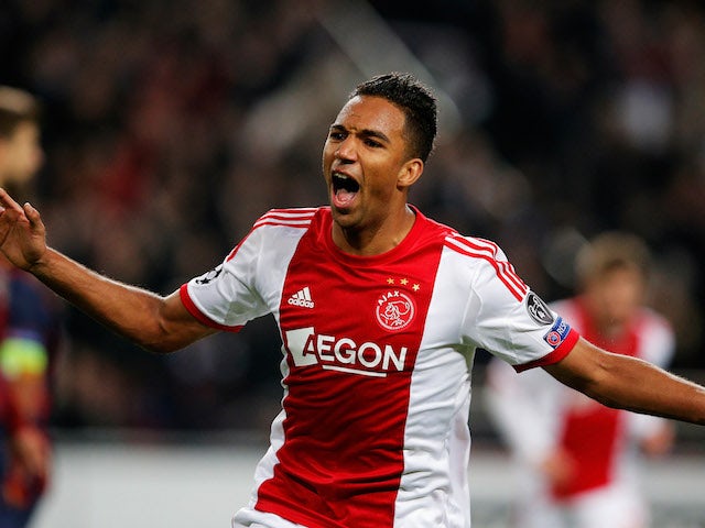 Danny Hoesen of Ajax celebrates scoring the second goal of the game during the UEFA Champions League Group H match against FC Barcelona on November 26, 2013