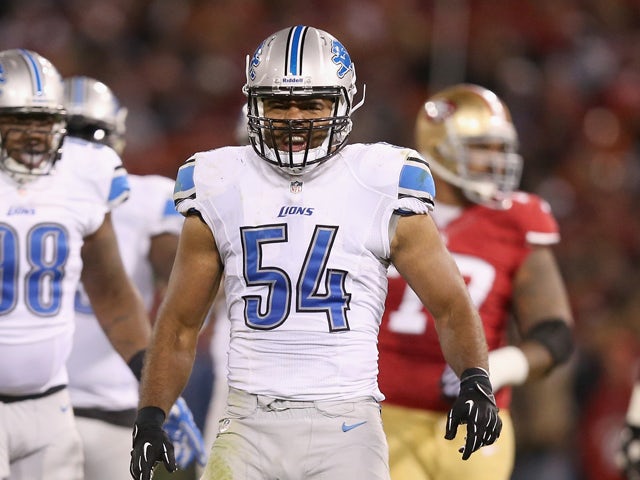 DeAndre Levy #54 of the Detroit Lions reacts after making a tackled against the San Francisco 49ers at Candlestick Park on September 16, 2012
