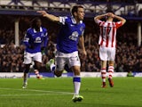 Seamus Coleman of Everton celebrates the second goal during the Barclays Premier League match between Everton and Stoke City at Goodison Park on November 30, 2013