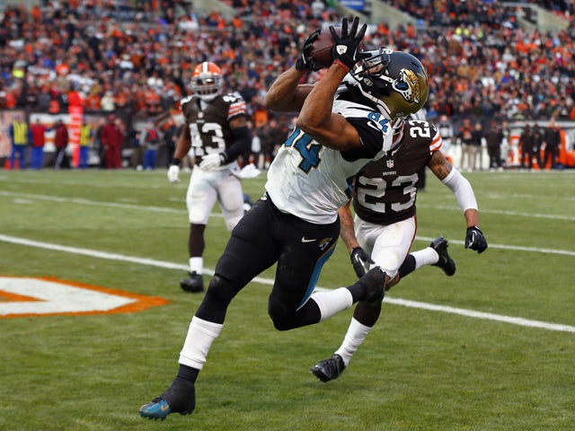 Wide receiver Cecil Shorts III #84 of the Jacksonville Jaguars catches a touchdown pass in front of defensive back Joe Haden #23 of the Cleveland Browns at FirstEnergy Stadium on December 1, 2013