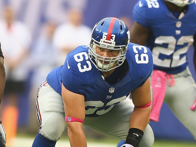 Jim Cordle #63 of the New York Giants in action against the Philadelphia Eagles during their game at MetLife Stadium on October 6, 2013 