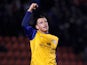 Goal scorer Joe Garner of Preston celebrates at the final whistle during the Sky Bet League One match between Leyton Orient and Preston North End at The Matchroom Stadium on November 16, 2013