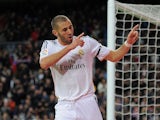Karim Benzema of Real Madrid CF celebrates after scoring Real's 2nd goal during the La Liga match against Real Valladolid CF on November 30, 2013