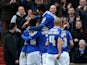 Jonson Clarke-Harris of Oldham Athletic celebrates his goal with team mates during the Sky Bet League One match between Oldham Athletic and Bradford City at Boundary Park on December 01, 2013
