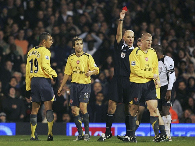 Arsenal's Philippe Senderos is sent off against Fulham during their Premier League match on November 29, 2006