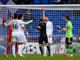 Real Madrid's Sergio Ramos is sent off against Galatasaray during their Champions League group match on November 27, 2013