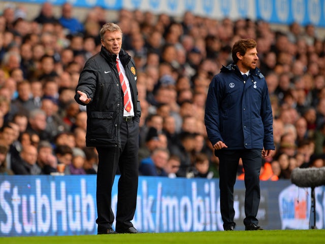 David Moyes manager of Manchester United and Andre Villas-Boas manager of Tottenham Hotspur give instructions from the touchline during the Barclays Premier League Match between Tottenham Hotspur and Manchester United at White Hart Lane on December 1, 201