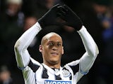 Newcastle United's French striker Yoan Gouffran celebtates scoring the opening goal during the English Premier League football match against West Bromwich Albion on November 30, 2013