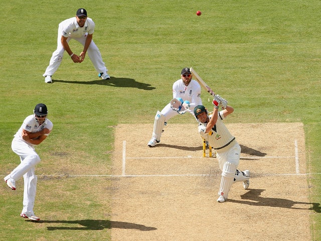 George Bailey of Australia hits a six during day one of the Second Ashes Test Match between Australia and England at Adelaide Oval on December 5, 2013 