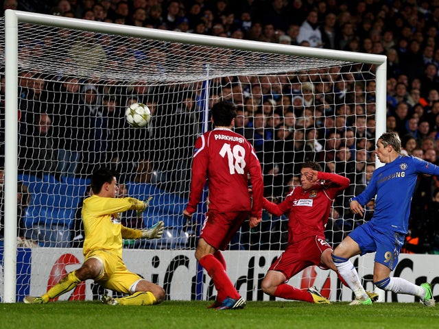 Fernando Torres of Chelsea scores his team's fourth goal during the UEFA Champions League group E match between Chelsea and FC Nordsjaelland at Stamford Bridge on December 5, 2012
