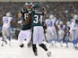 Running back Bryce Brown #34 of the Philadelphia Eagles is congratulated by teammate offensive tackle Lane Johnson #65 after scoring a two point conversion after a touchdown in the fourth quarter during against the Detroit Lions a game at Lincoln Financia
