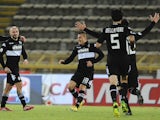 Francesco Valiani of AC Siena celebrates after scoring a goal during the Tim Cup match between FC Bologna and AC Siena at Stadio Renato Dall'Ara on December 3, 2013