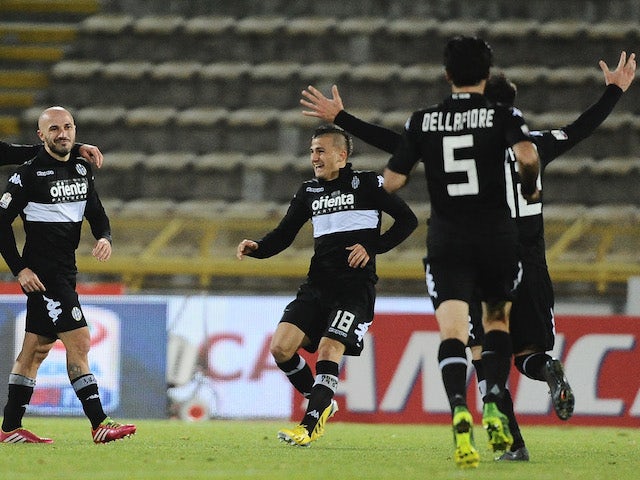 Francesco Valiani of AC Siena celebrates after scoring a goal during the Tim Cup match between FC Bologna and AC Siena at Stadio Renato Dall'Ara on December 3, 2013