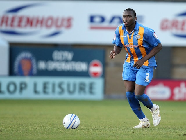 Jermaine Grandison of Shrewsbury Town in action during the npower League Two match between Shrewsbury Town and Northampton Town at the Greenhous Meadow on January 2, 2012