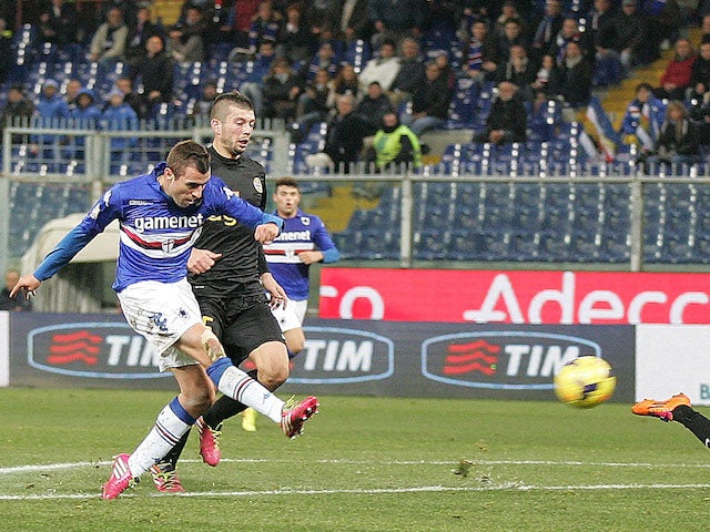 Nenad Krsticic of UC Sampdoria scores a goal during the Tim Cup match between UC Sampdoria and Hellas Verona FC at Stadio Luigi Ferraris on December 5, 2013