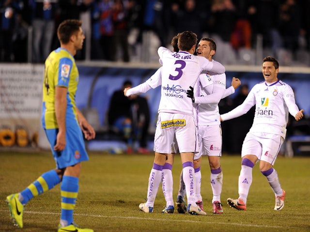 Real Jaen CF players celebrate after scoring their 2nd goal during the Copa del Rey, Round of 32 match between Real Jaen CF and RCD Espanyol at estadio Municipal La Victoriaon December 8, 2013