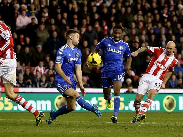 Stephen Ireland of Stoke scores their second goal during the Barclays Premier League match between Stoke City and Chelsea at Britannia Stadium on December 7, 2013