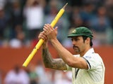 Mitchell Johnson of Australia celebrates winning the second test during day five of Second Ashes Test Match between Australia and England at Adelaide Oval on December 9, 2013