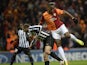 Galatasaray's Didier Drogba (R) vies with Juventus' Giorgio Chiellini (L) during an UEFA Champions League group B football match between Galatasaray and Juventus Turin on December 10, 2013
