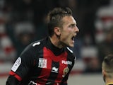 Nice's French mildfielder Eric Bautheac celebrates after scoring during the French L1 football match Nice (OGCN) vs Sochaux (FCSM), on December 14, 2013