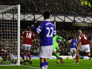 Seamus Coleman of Everton scores his team's second goal during the Barclays Premier League match between Everton and Fulham at Goodison Park on December 14, 2013