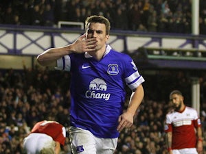 Seamus Coleman of Everton celebrates after scoring his team's second goal during the Barclays Premier League match between Everton and Fulham at Goodison Park on December 14, 2013