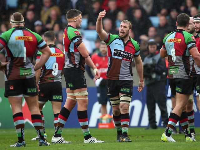 Harlequins Captain Chris Robshaw instructs his team during the Heineken Cup Pool 4 round 4 match between Harlequins and Racing Metro 92 at Twickenham Stoop on December 15, 2013