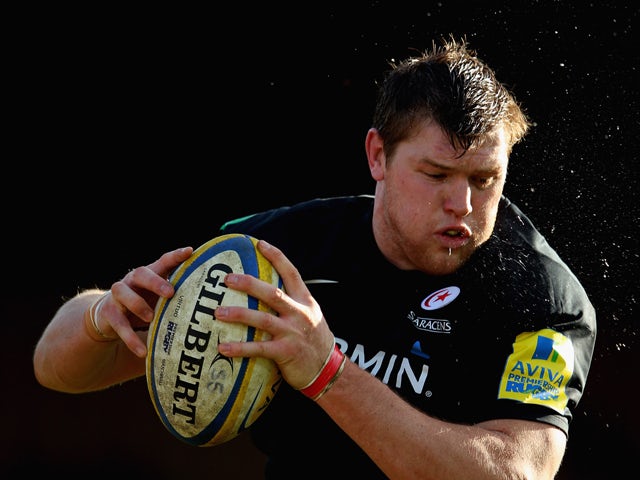 Hayden Smith of Saracens claims the line out ball during the Aviva Premiership match between Saracens and Leicester Tigers at Vicarage Road on February 19, 2012