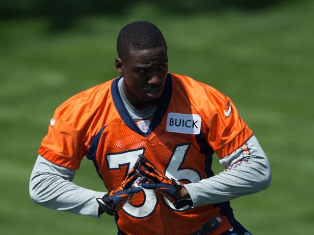 Cornerback Kayvon Webster #36 of the Denver Broncos participates in rookie camp at Dove Valley on May 10, 2013