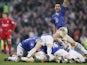 Everton players celebrate Lee Carsley's winning goal during the Merseyside derby on December 11, 2004.