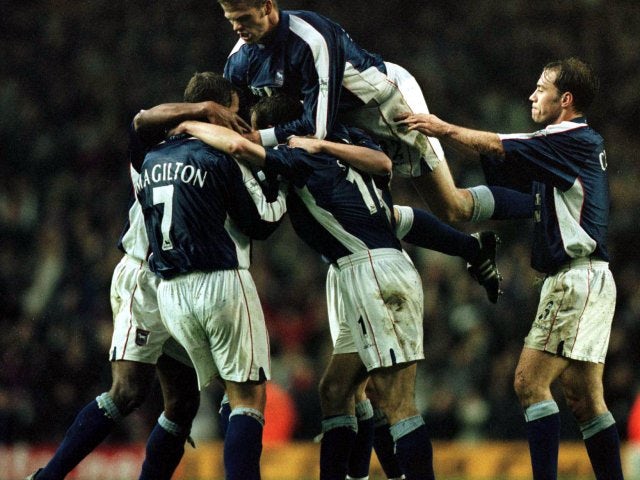 Ipswich Town celebrate Marcus Stewart's goal at Anfield on December 10, 2000.