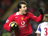 Ruud van Nistelrooy celebrates scoring for Manchester United against Blackburn Rovers on February 01, 2005.