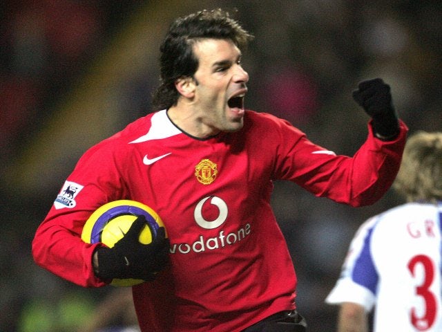 Ruud van Nistelrooy celebrates scoring for Manchester United against Blackburn Rovers on February 01, 2005.