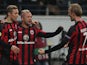 Frankfurt's Stephan Schroeck celebrates with teammates after scoring the opening goal against APOEL during their Europa League group match on December 12, 2013