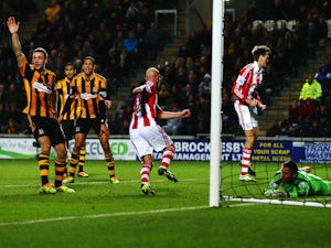 Stephen Ireland of Stoke City scores but has his goal ruled out for offside during the Barclays Premier League match against Hull City on December 14, 2013