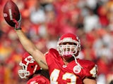 Thomas Gafford of the Kansas City Chiefs celebrates after recovering a fumble during the game against the Jacksonville Jaguars on October 24, 2010
