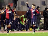 Nenè of Cagliari celebrates after scoring a goal during the Serie A match between Cagliari Calcio and SSC Napoli at Stadio Sant'Elia on December 21, 2013
