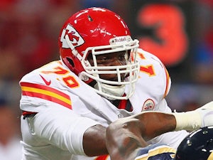 Donald Stephenson of the Kansas City Chiefs blocks against the St. Louis Rams during a pre-season game at the Edward Jones Dome on August 18, 2012