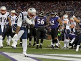 Running back LeGarrette Blount of the New England Patriots celebrates after scoring a touchdown against the Baltimore Ravens on December 22, 2013