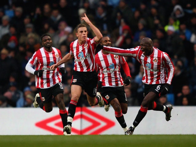 Jordan Henderson of Sunderland celebrates after scoring his teams second goal during the Barclays Premier League match between Manchester City and Sunderland at the City of Manchester Stadium on December 19, 2009