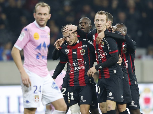Nice's French forward Eric Bautheac celebrates after scoring a goal during the French L1 football match Nice (OGC Nice) vs Evian (ETGFC) on December 21, 2013