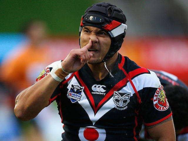 Pita Godinet of the Warriors clears his nose during the round 26 NRL match between the New Zealand Warriors and the Canberra Raiders on September 2, 2012