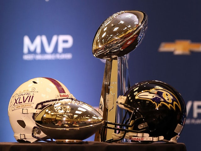 Detail of the MVP and Super Bowl trophies during the Super Bowl XLVII Team Winning Coach and MVP Press Conference at the Ernest N. Morial Convention Center on February 4, 2013