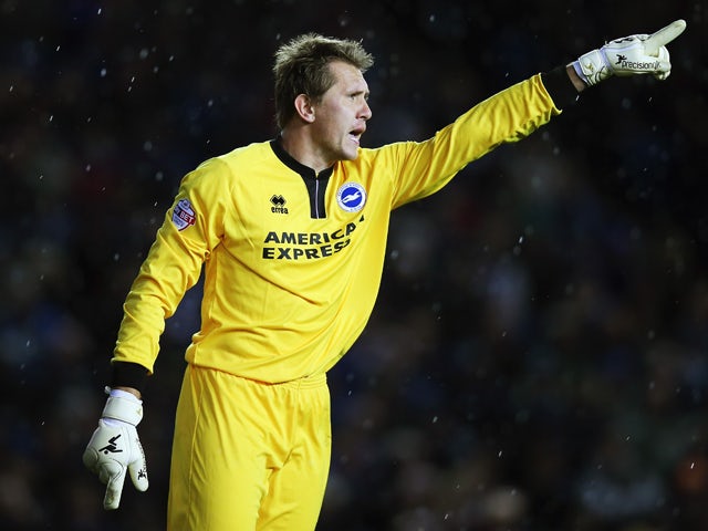 Brighton and Hove Albion goalkeeper Tomasz Kuszczak instructs his team during the Sky Bet Championship match between Brighton & Hove Albion and Watford at Amex Stadium on October 28, 2013