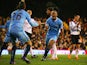 Vincent Kompany of Manchester City celebrates scoring their second goal with Martin Demichelis of Manchester City during the Barclays Premier League match on December 21, 2013
