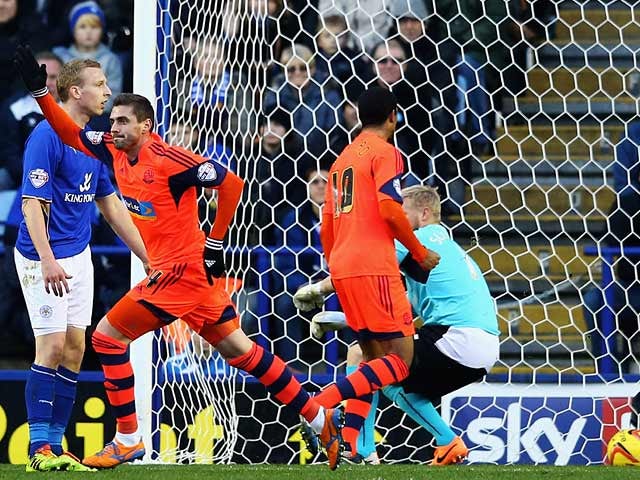 Bolton's Andre Moritz celebrates after scoring his team's opening goal against Leicester during their Championship match on December 29, 2013